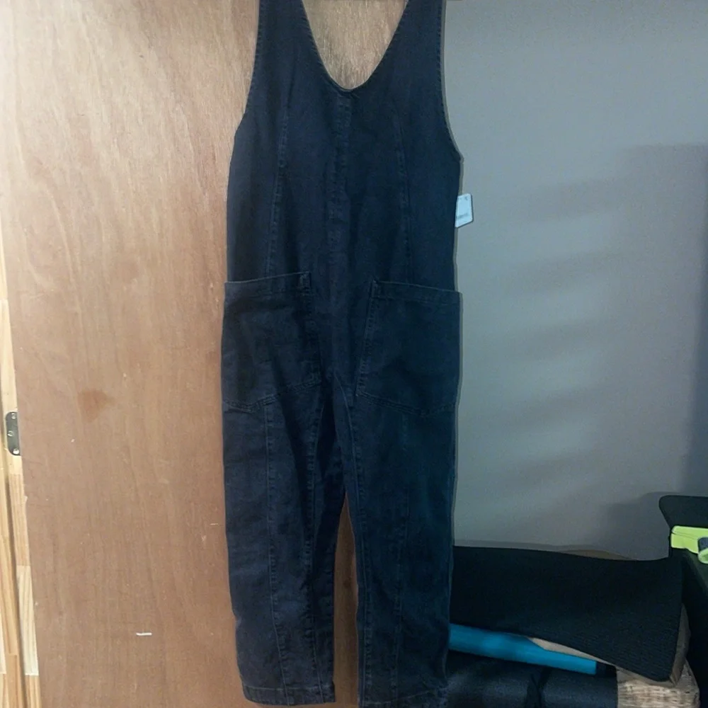 Free People Black Washed Denim Overalls Jumpsuit